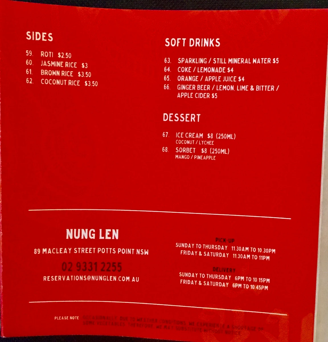 Menu, Nung Len