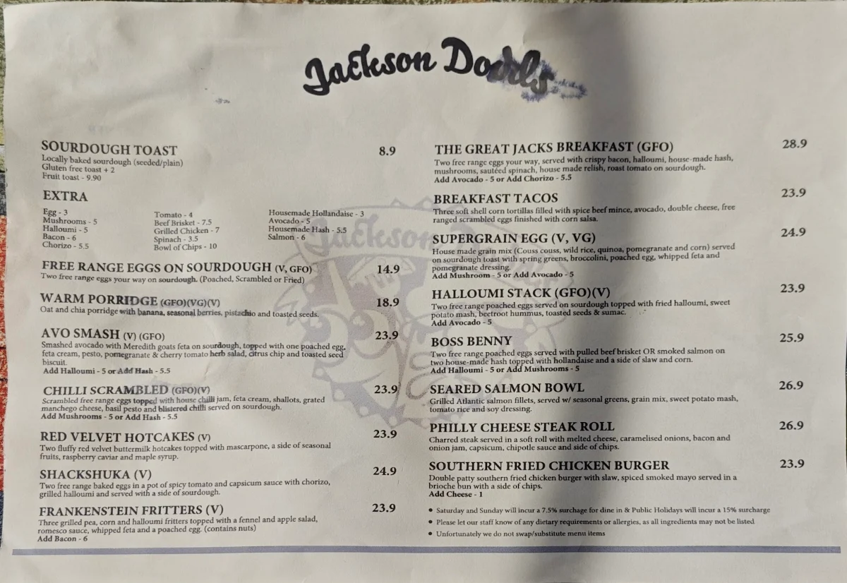 Menu, Jackson Dodds Cafe Melbourne