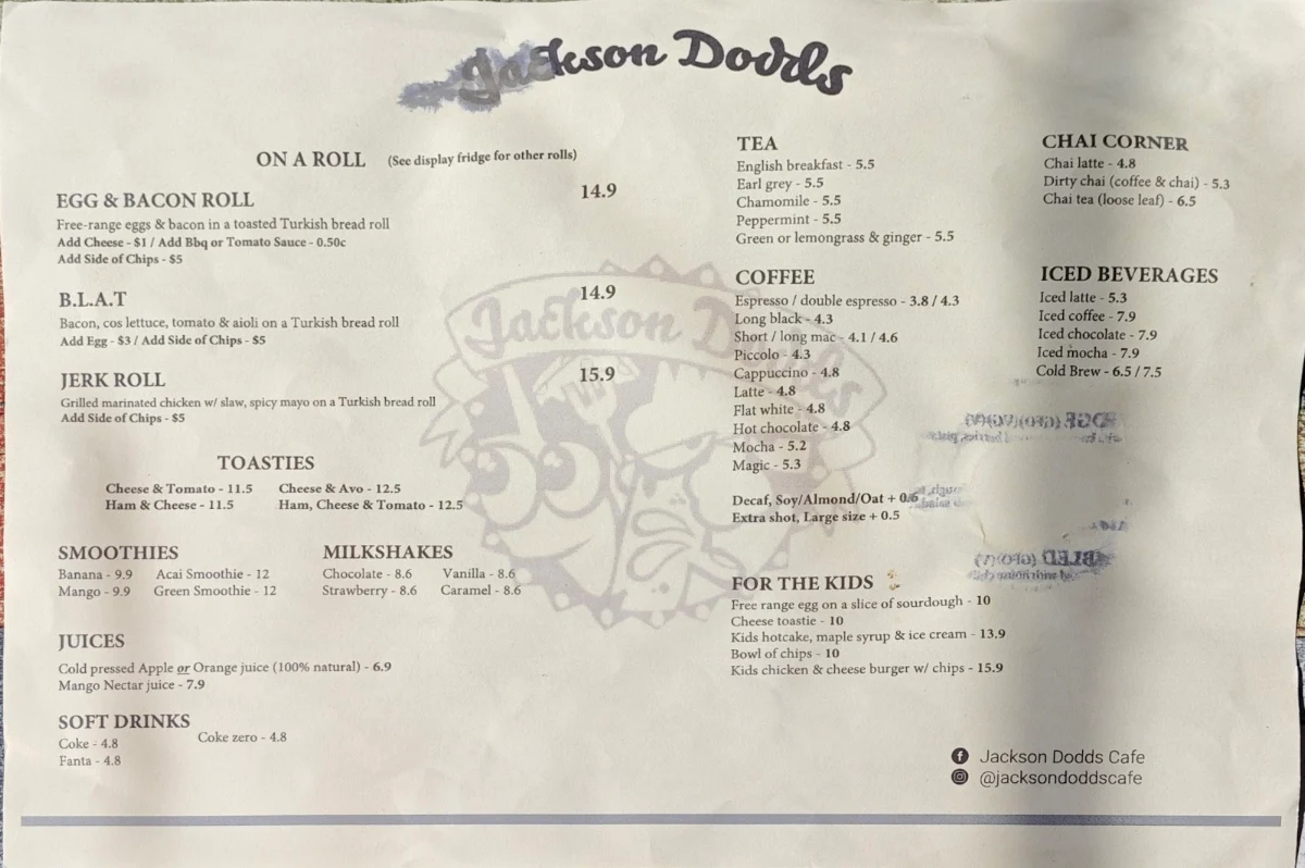 Menu, Jackson Dodds Cafe Melbourne