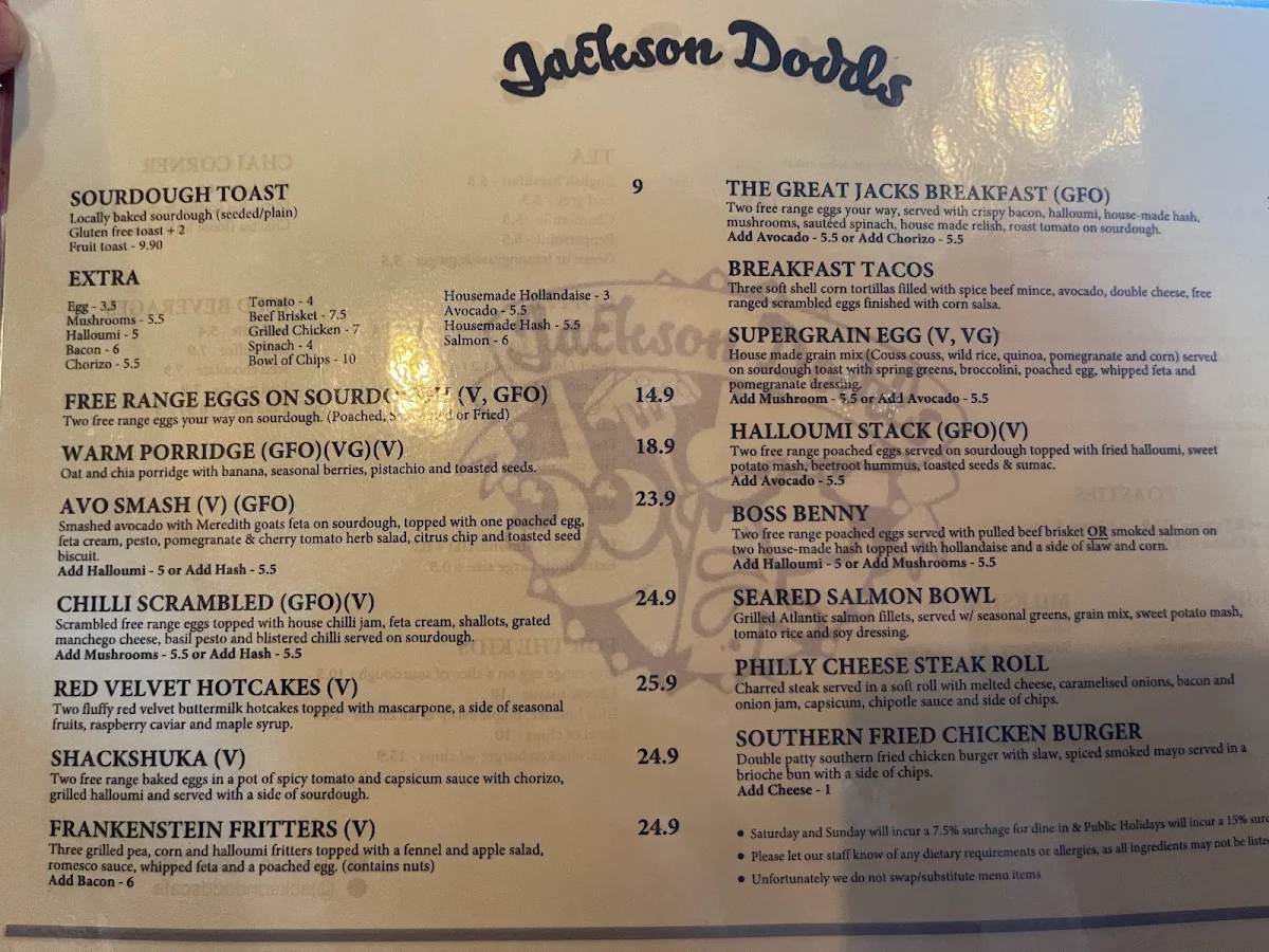 Menu, Jackson Dodds Cafe Melbourne
