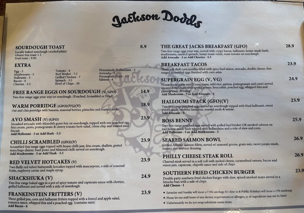 Menu, Jackson Dodds Cafe Melbourne