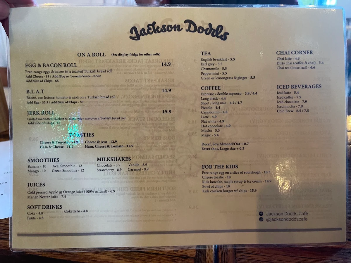 Menu, Jackson Dodds Cafe Melbourne