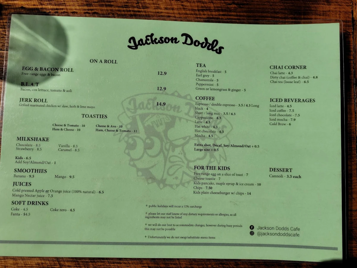 Menu, Jackson Dodds Cafe Melbourne