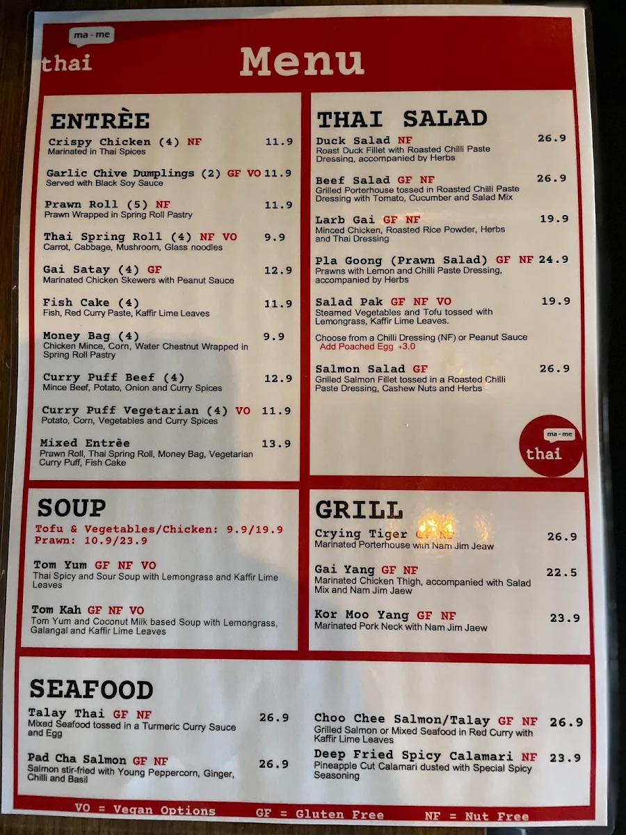 Menu, Ma Me Thai