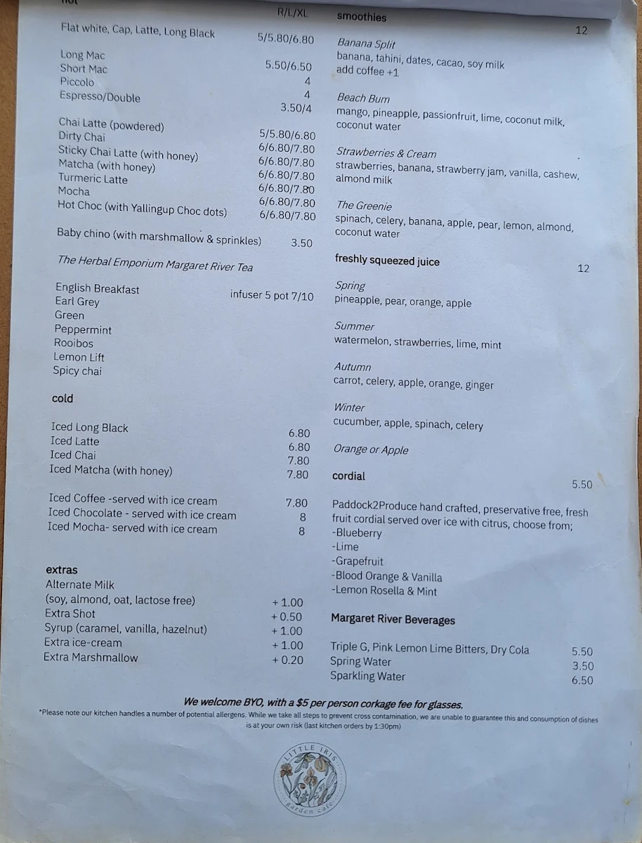 Menu, Little Iris Cafe