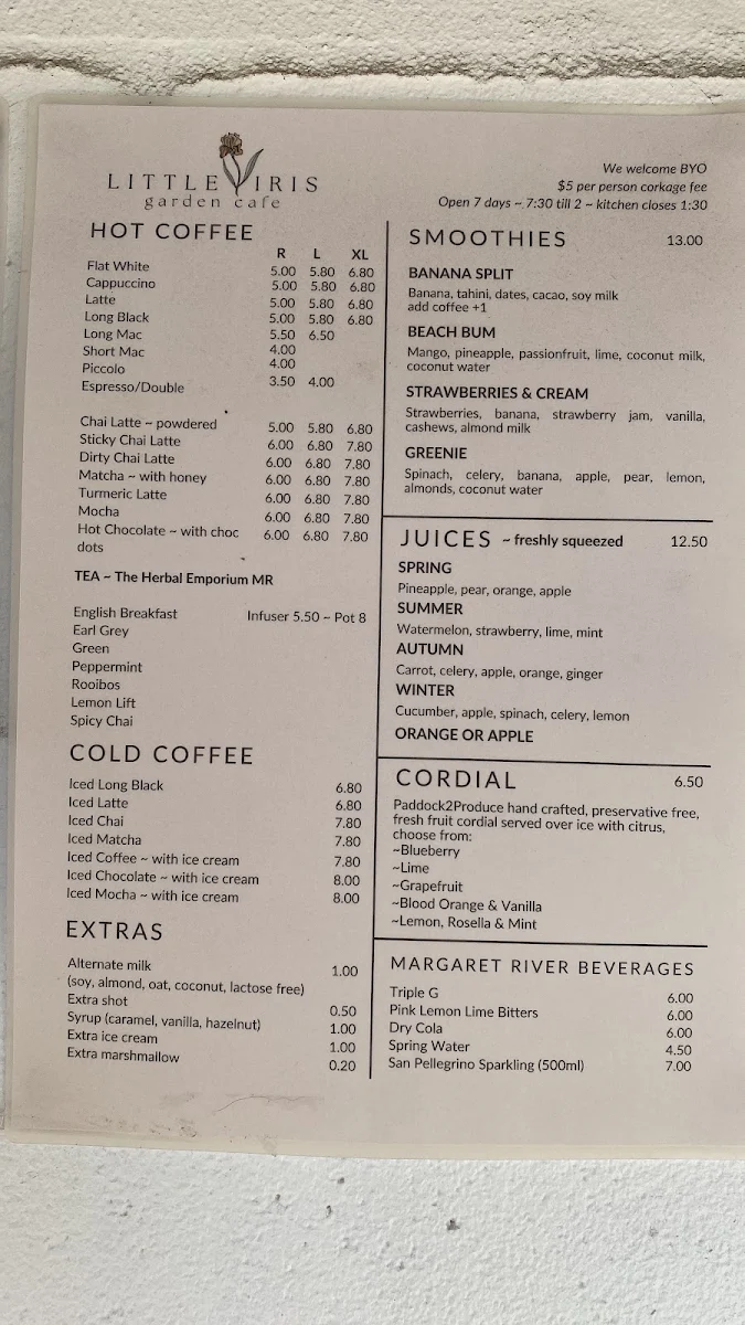 Menu, Little Iris Cafe