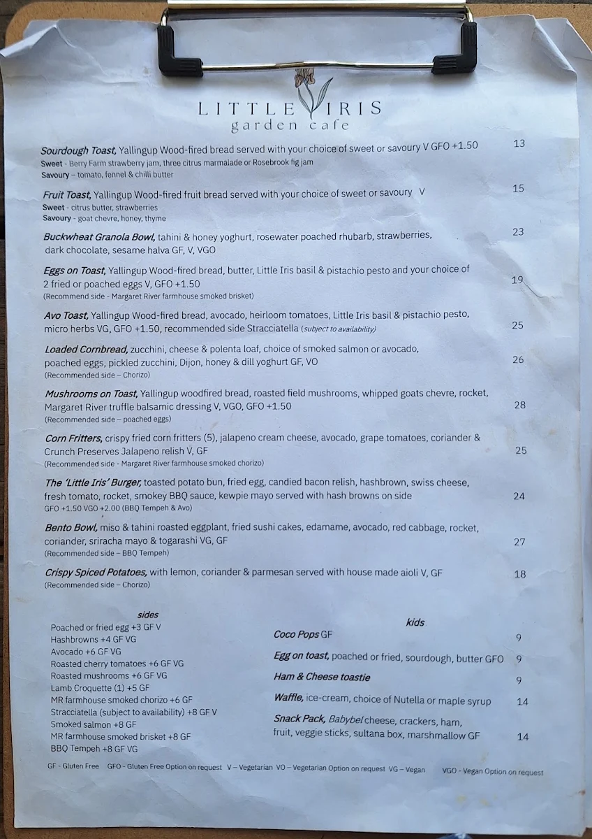Menu, Little Iris Cafe