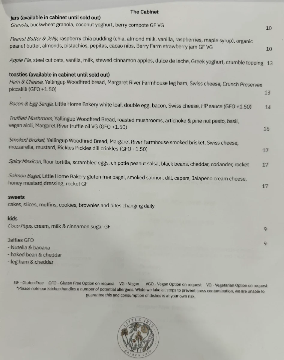 Menu, Little Iris Cafe