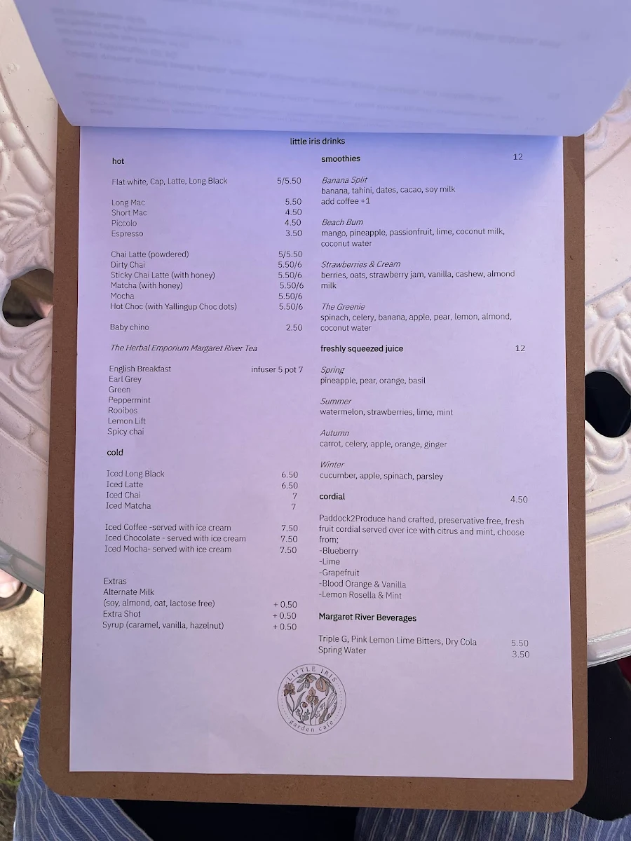 Menu, Little Iris Cafe