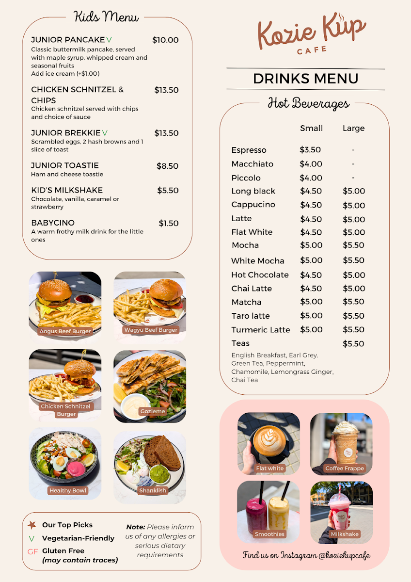 Menu, Kozie Kup Cafe Pyrmont