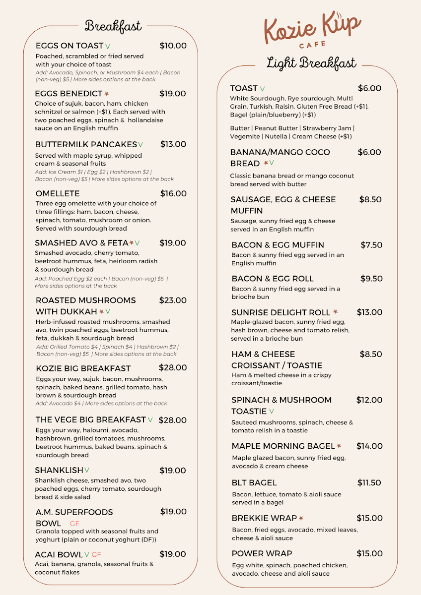 Menu, Kozie Kup Cafe Pyrmont