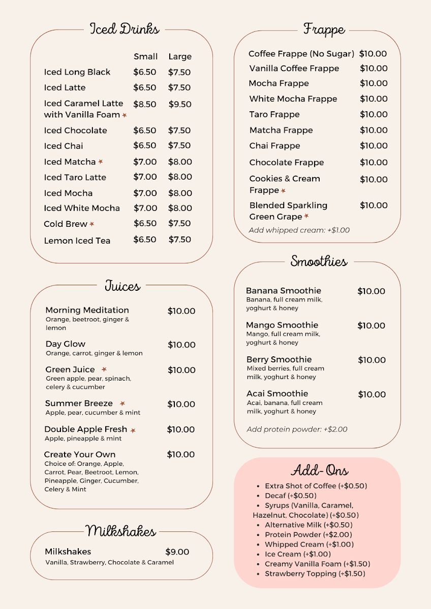 Menu, Kozie Kup Cafe Pyrmont