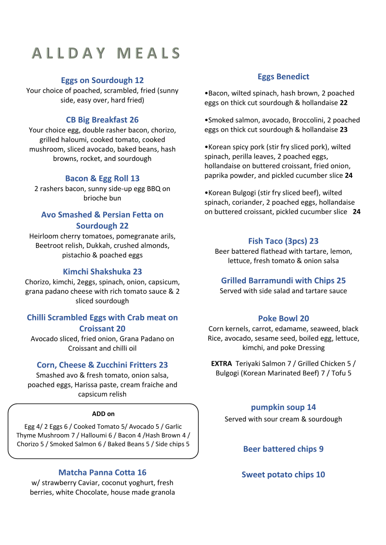 Menu, Cherry Beans Rydalmere