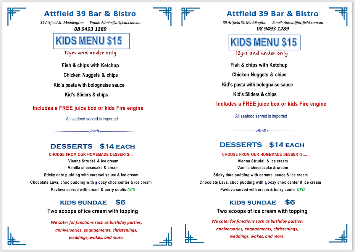 Menu, Attfield 39
