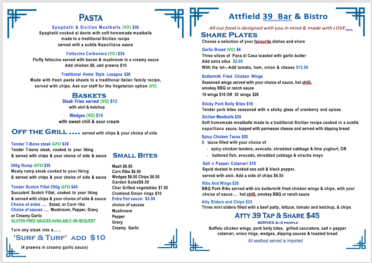 Menu, Attfield 39
