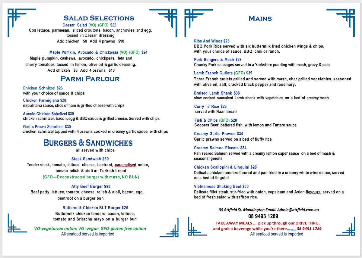 Menu, Attfield 39