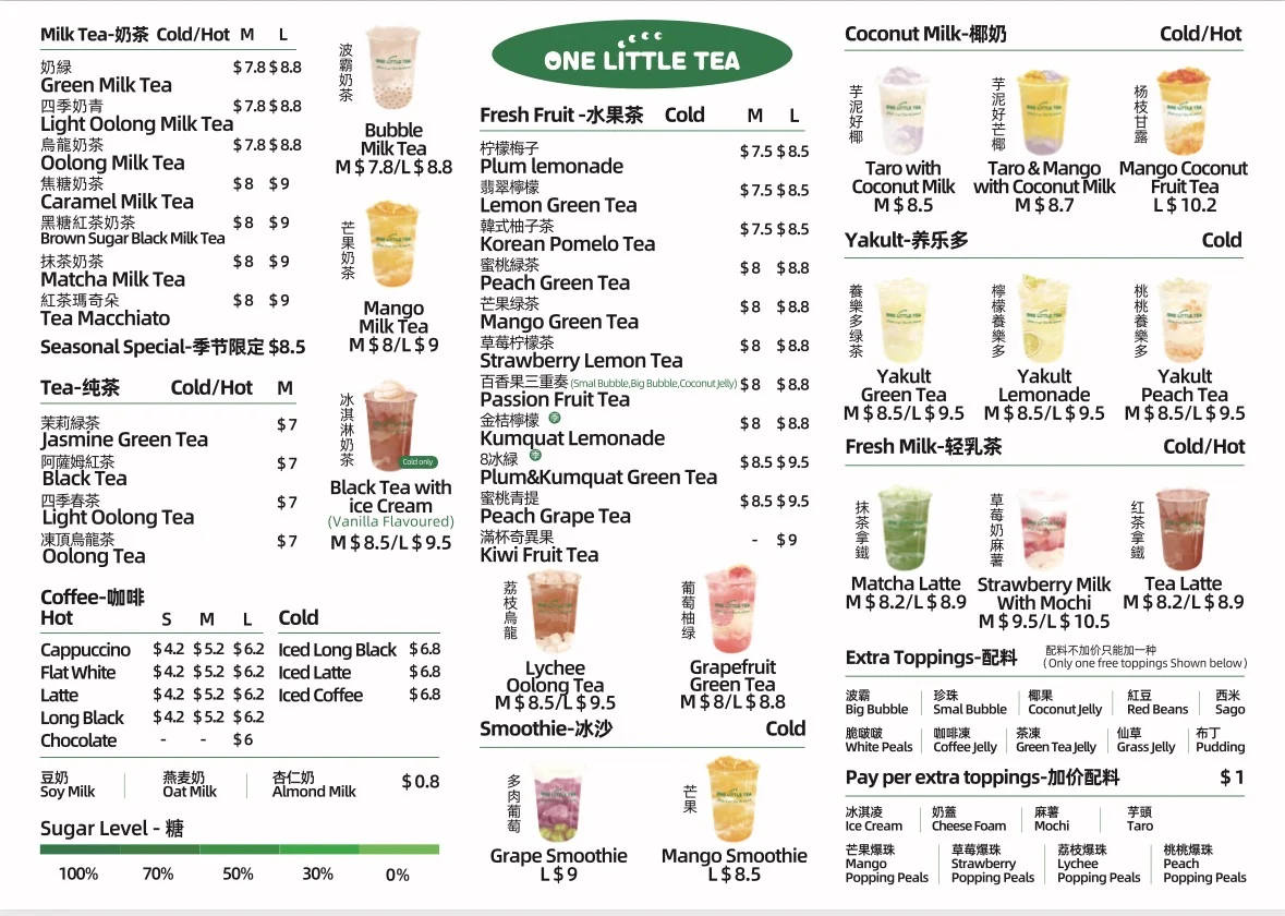 Menu, One Little Tea