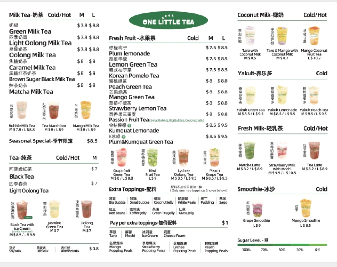 Menu, One Little Tea