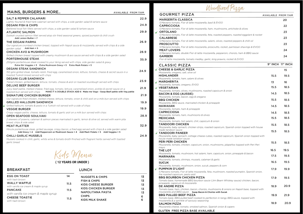 Menu, Degani Craigieburn – Woodfired Pizza, Café & Restaurant
