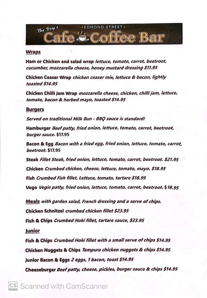 Menu, The Boys Edmond Street Cafe