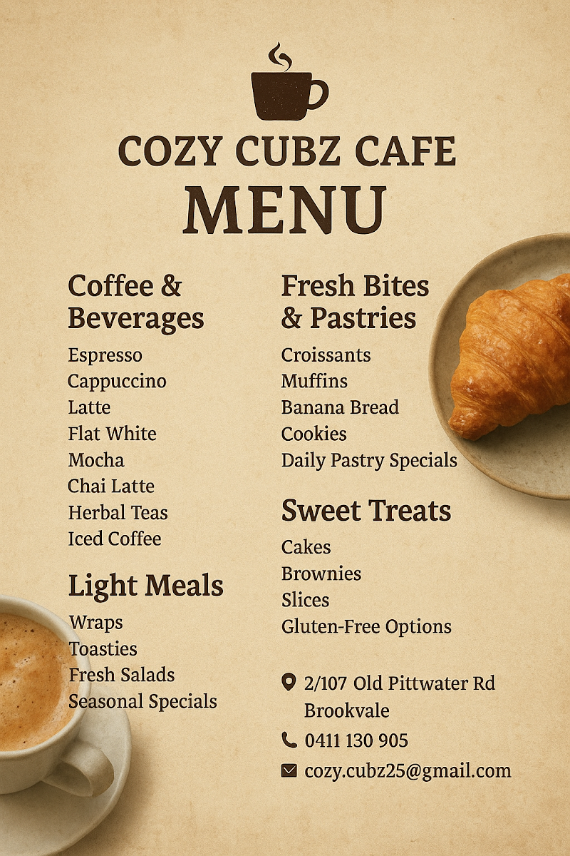 Menu, Cozy Cubz Cafe