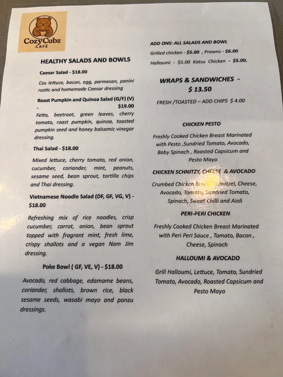 Menu, Cozy Cubz Cafe