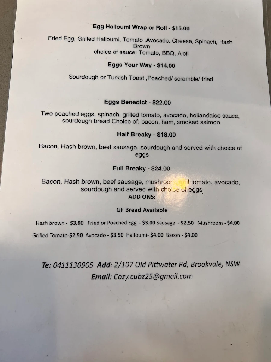 Menu, Cozy Cubz Cafe