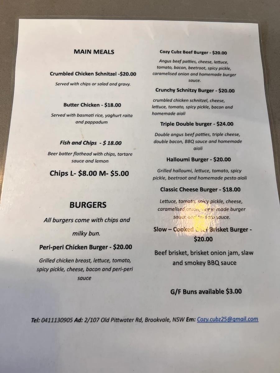 Menu, Cozy Cubz Cafe