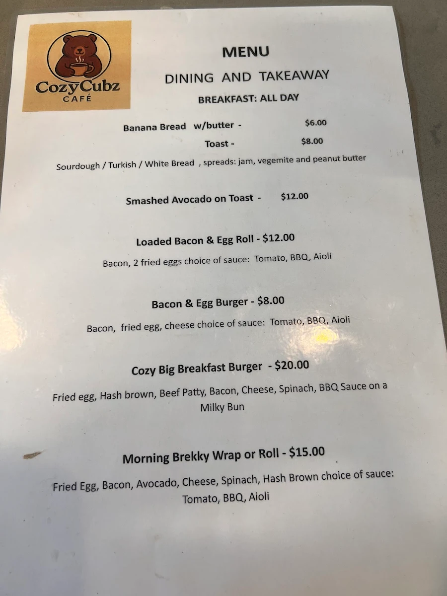 Menu, Cozy Cubz Cafe