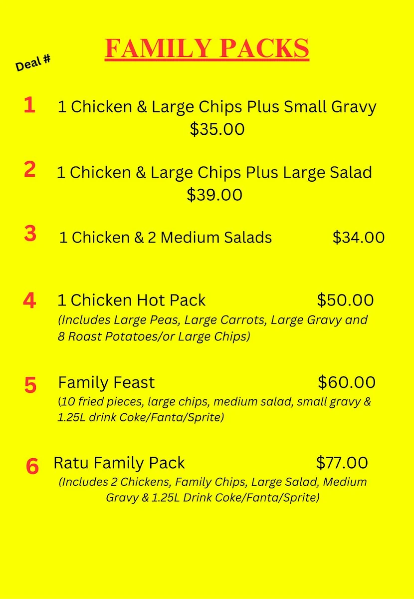 Menu, Mamta's Chicken & Bula Cafe