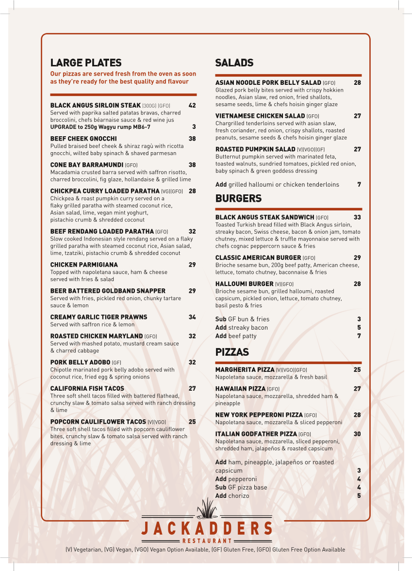 Menu, Jackadders Restaurant