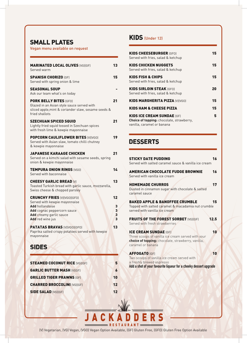 Menu, Jackadders Restaurant