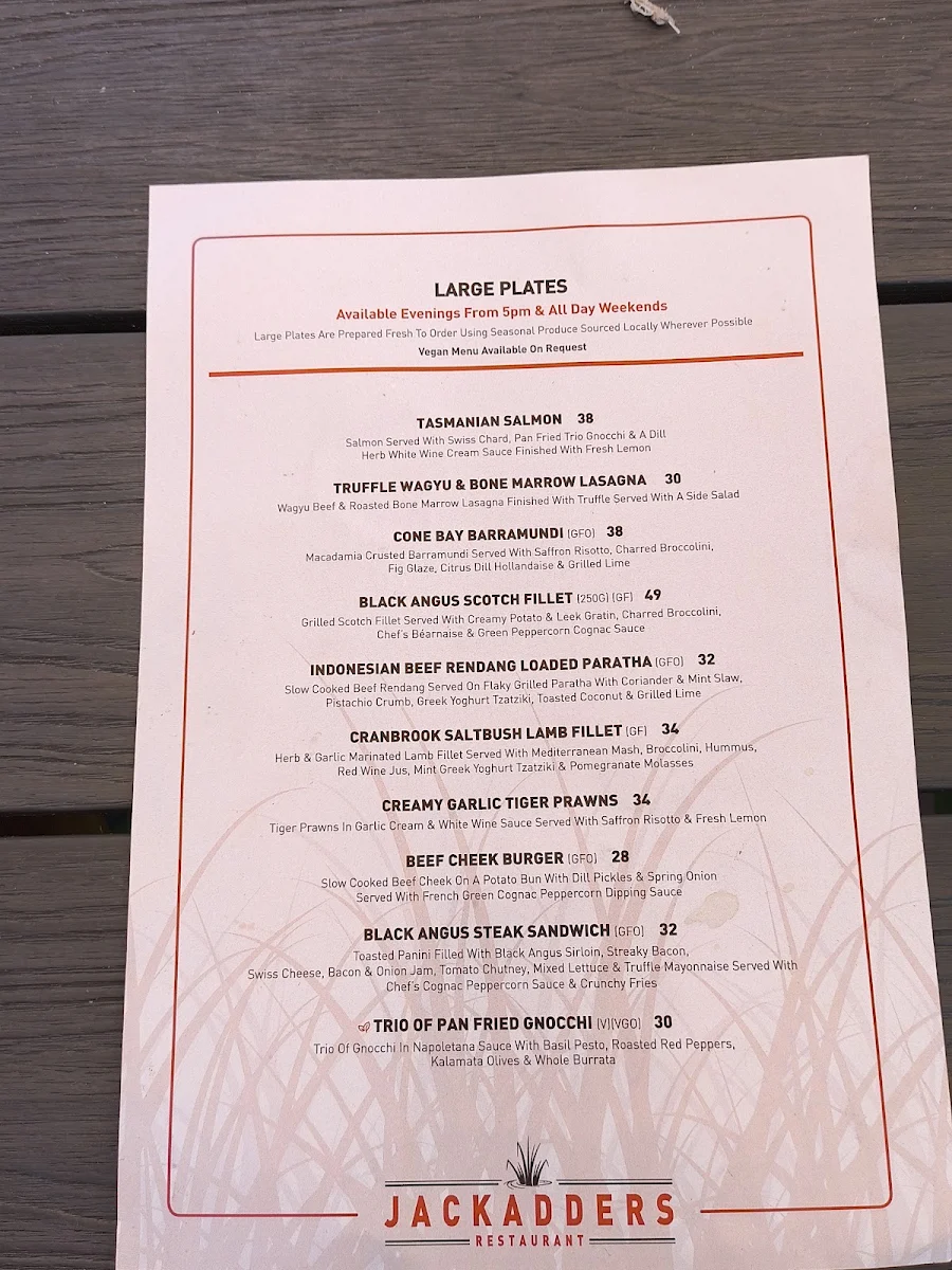 Menu, Jackadders Restaurant
