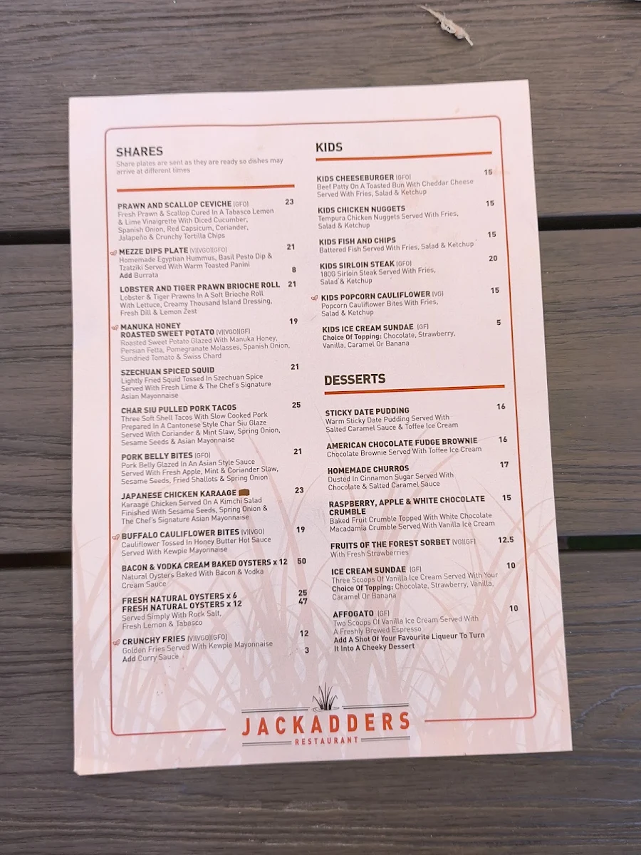 Menu, Jackadders Restaurant
