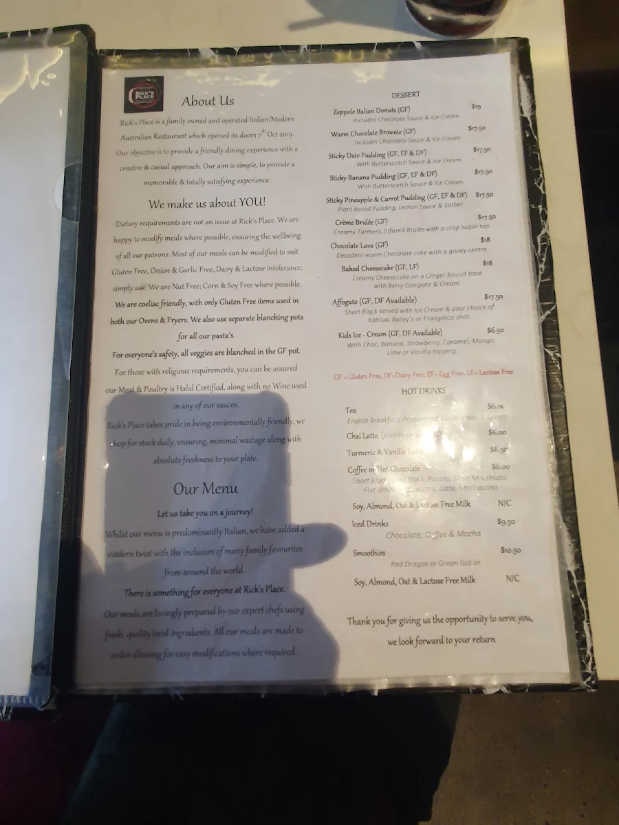 Menu, Rick’s Place