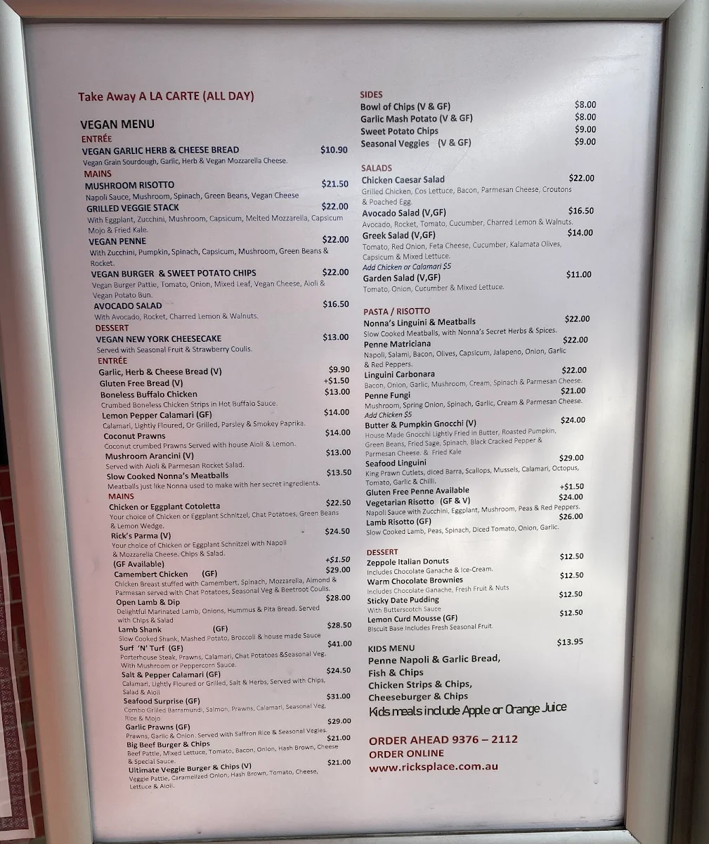 Menu, Rick’s Place