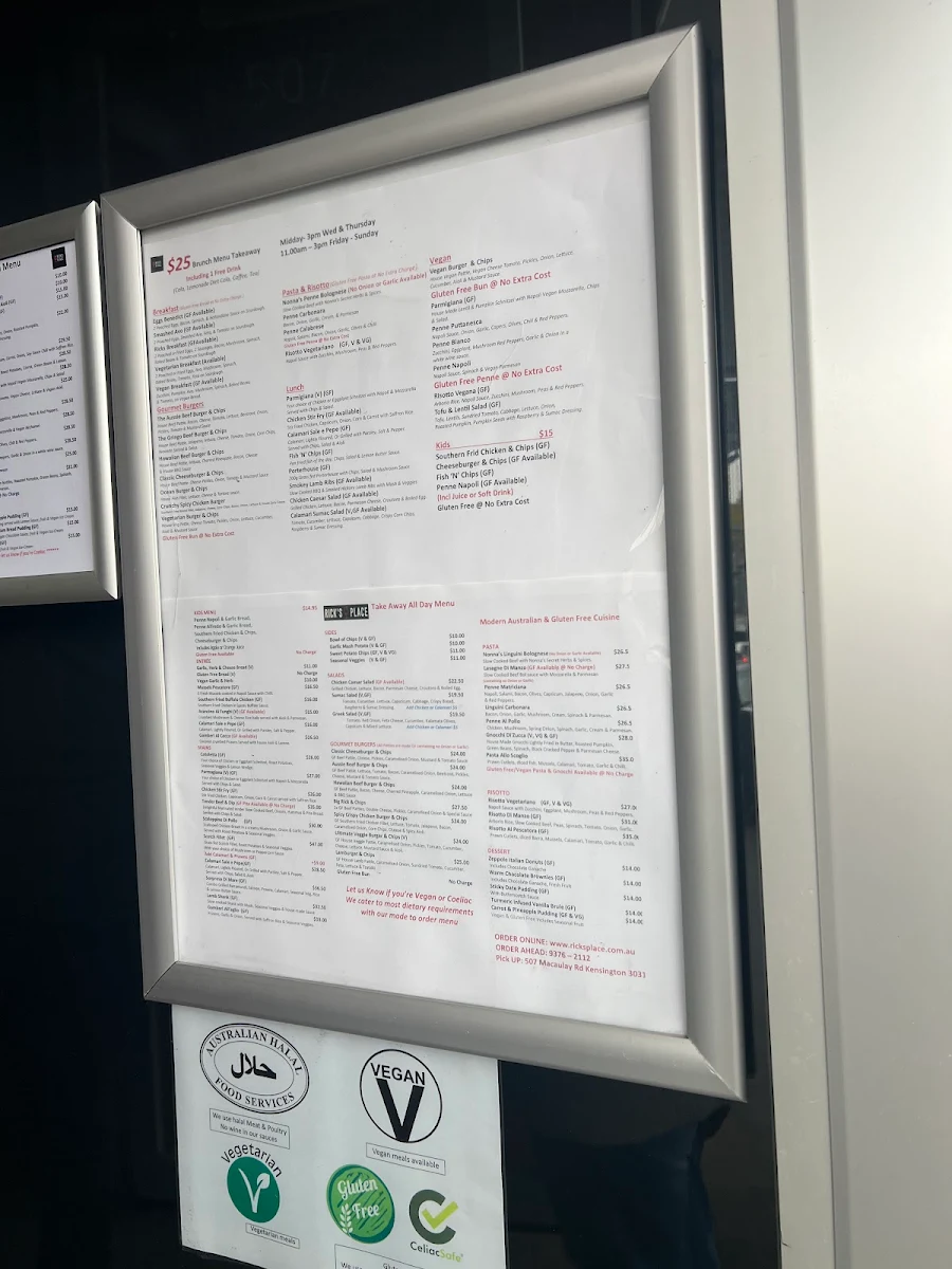 Menu, Rick’s Place