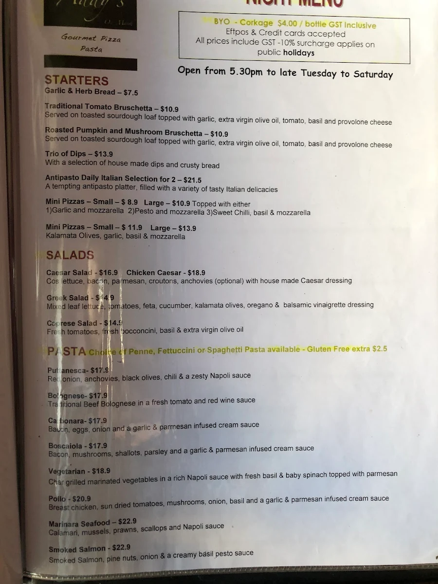 Menu, Addys on Marsh
