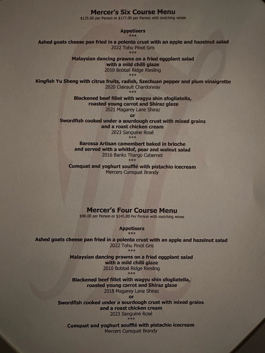 Menu, Mercer's Restaurant