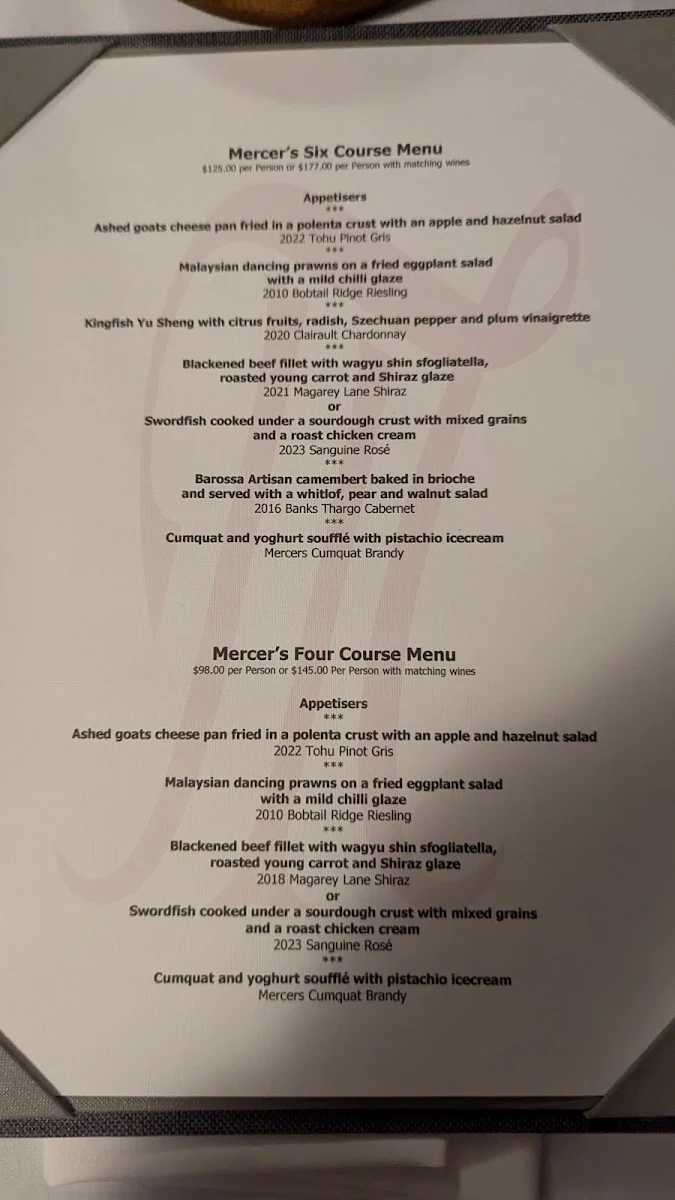 Menu, Mercer's Restaurant