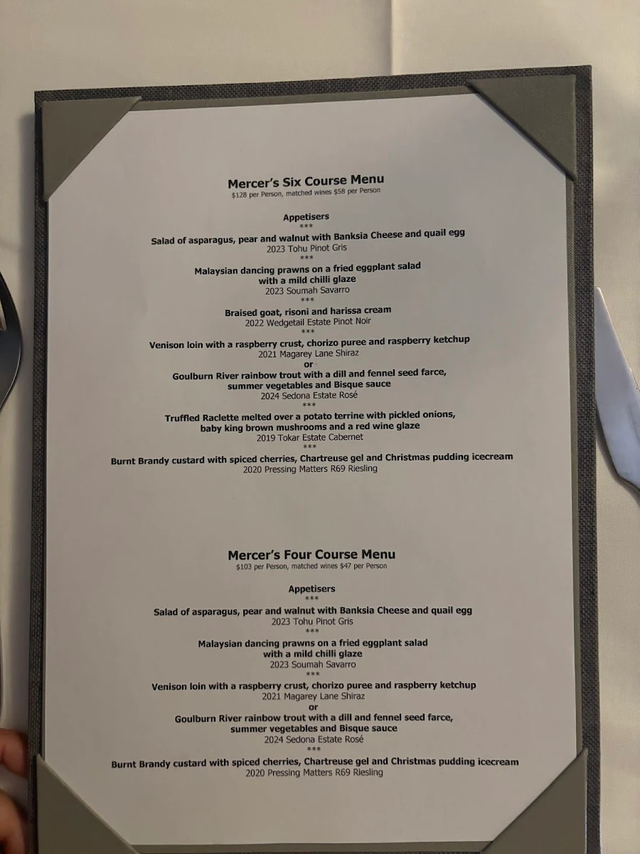 Menu, Mercer's Restaurant