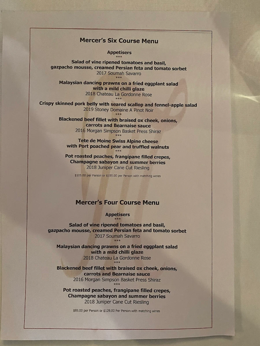 Menu, Mercer's Restaurant