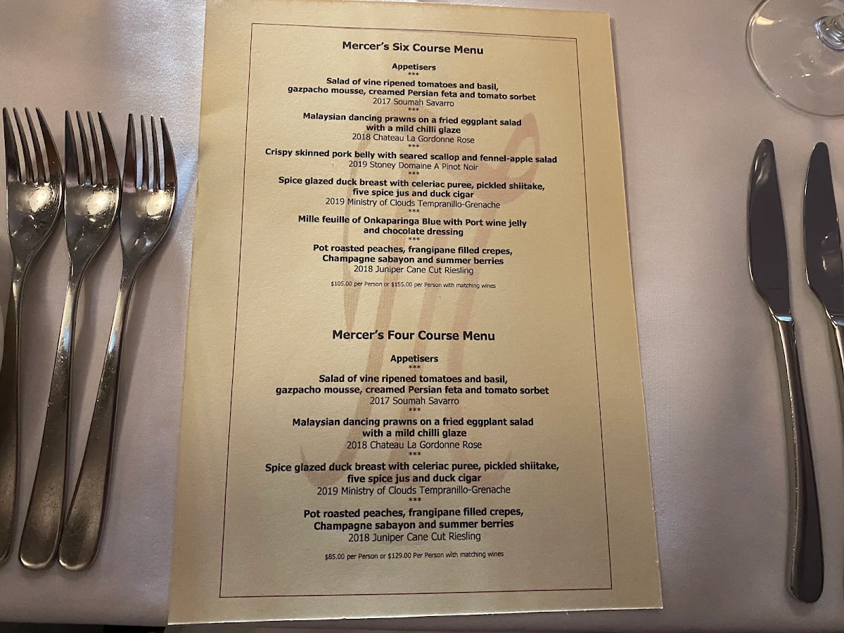 Menu, Mercer's Restaurant