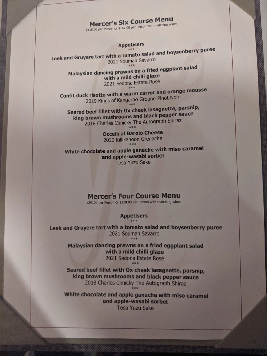 Menu, Mercer's Restaurant