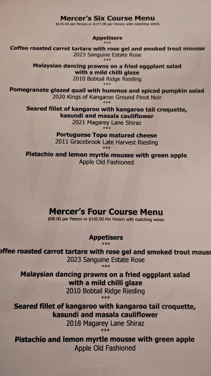 Menu, Mercer's Restaurant