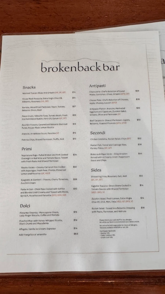 Menu, Brokenback Bar