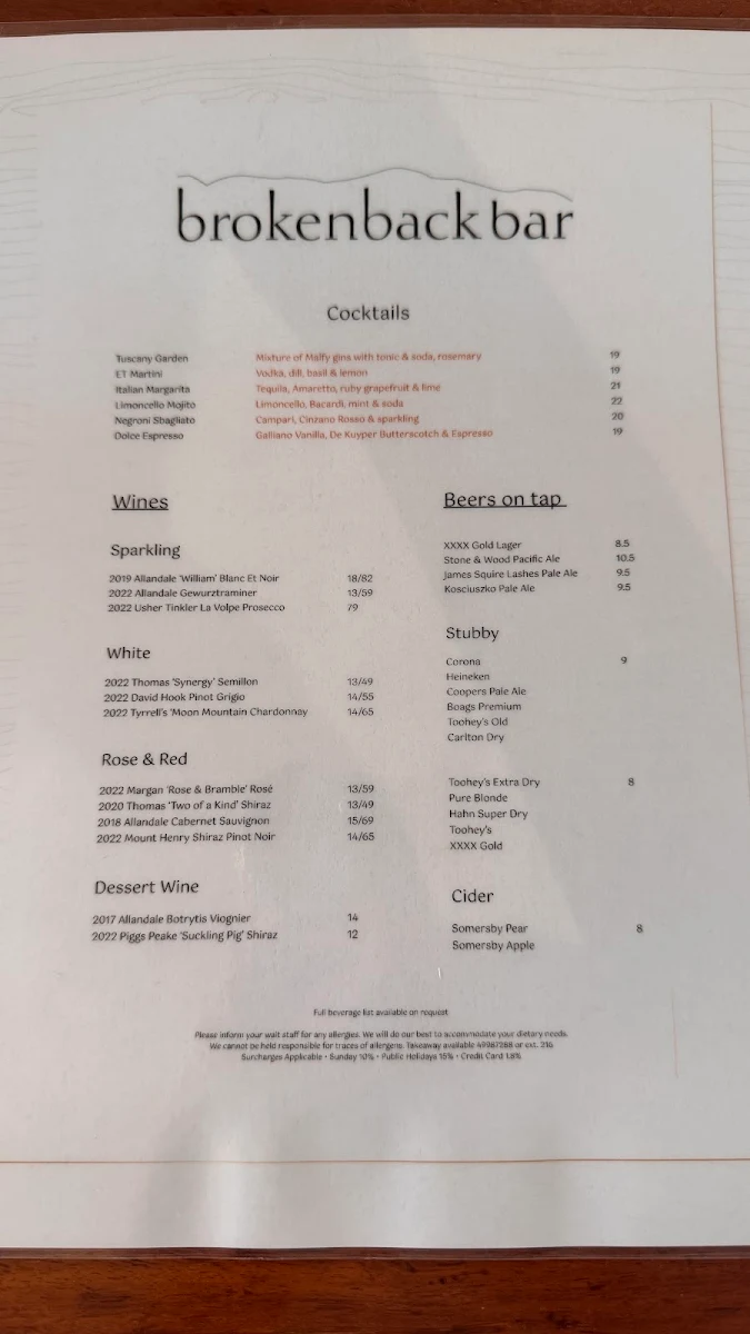 Menu, Brokenback Bar