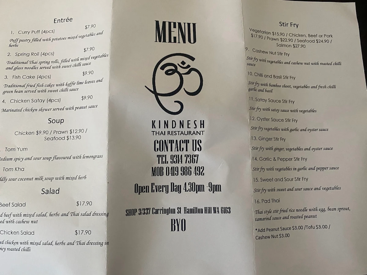 Menu, Kindnesh Thai Restaurant