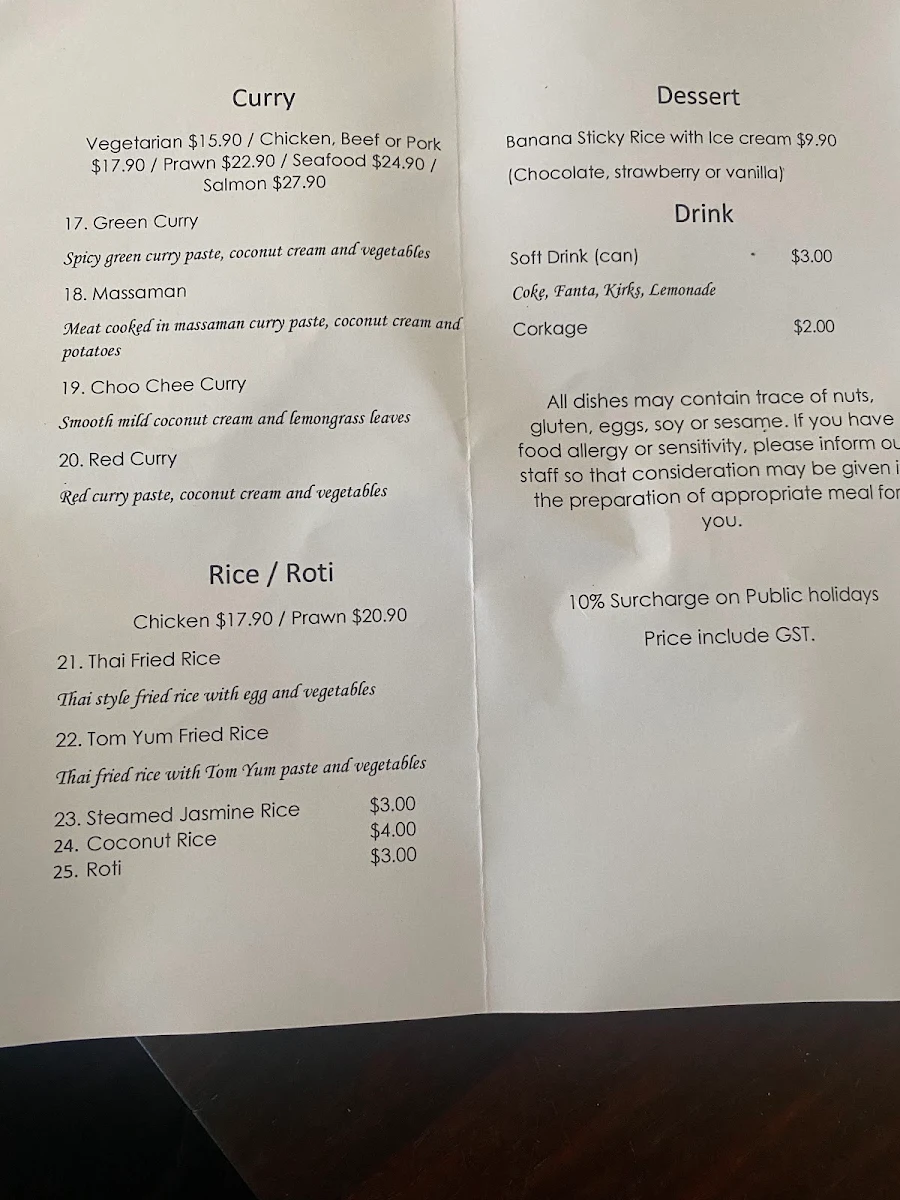 Menu, Kindnesh Thai Restaurant