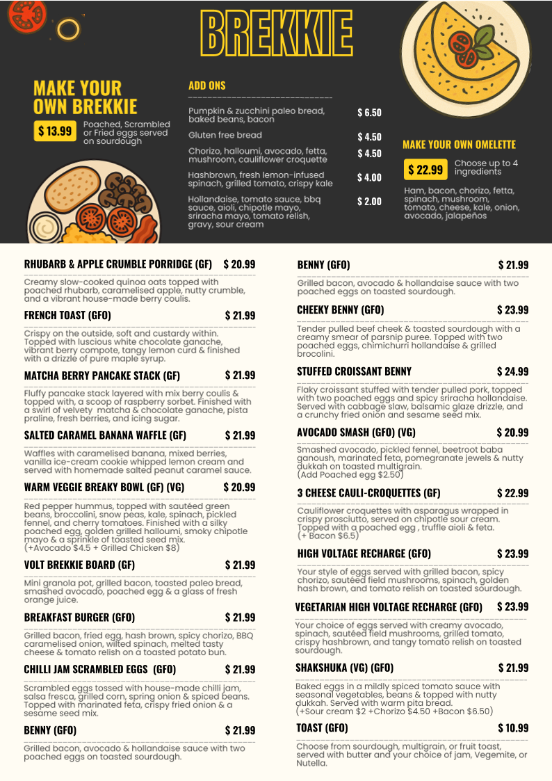 Menu, Volt Cafe | Narre Warren